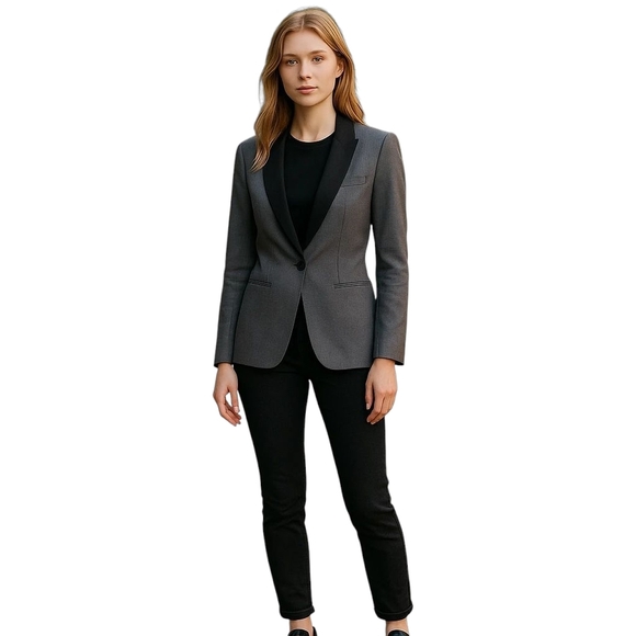 Theory Modern Donelly Wool Contrasy Lapel Trim Gray Blazer Jacket 2 Preowned - Picture 1 of 9